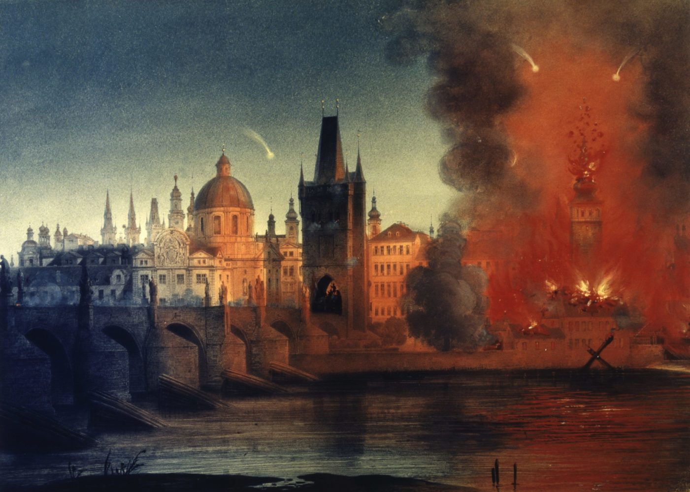Bombardement in Prag 1848. General Windischgrätz bombardiert die Stadt. Kreidelithographie, koloriert, um 1848, Wien Museum. Bildrechte: AGK-Images.