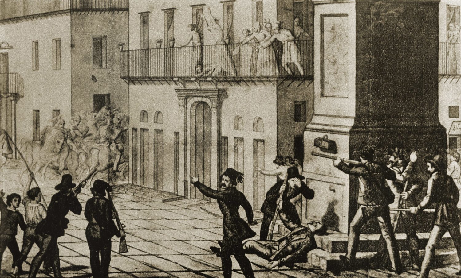 Die Via Macqueda in Palermo am 12. Januar 1848. Erste Zusammenstöße zwischen Revolutionär:innen und Burbonischen Truppen. Bildrechte: AGK-Images.