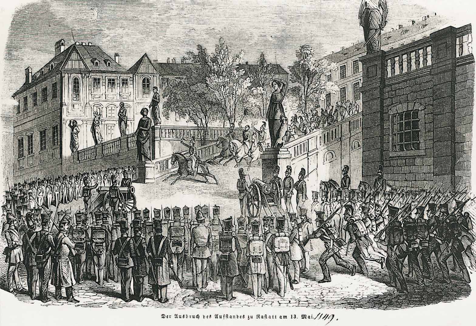 Regierungstreue Offiziere fliehen aus dem von aufständischen Soldaten umringten Schloss am 13. Mai 1849. Copyright: Wikimedia.
