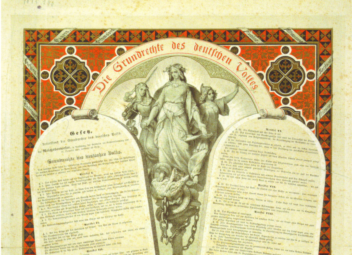 Die Grundrechte des deutschen Volkes. Kolorierte Lithographie, Adolf Schroedter. Frankfurt, 1848.