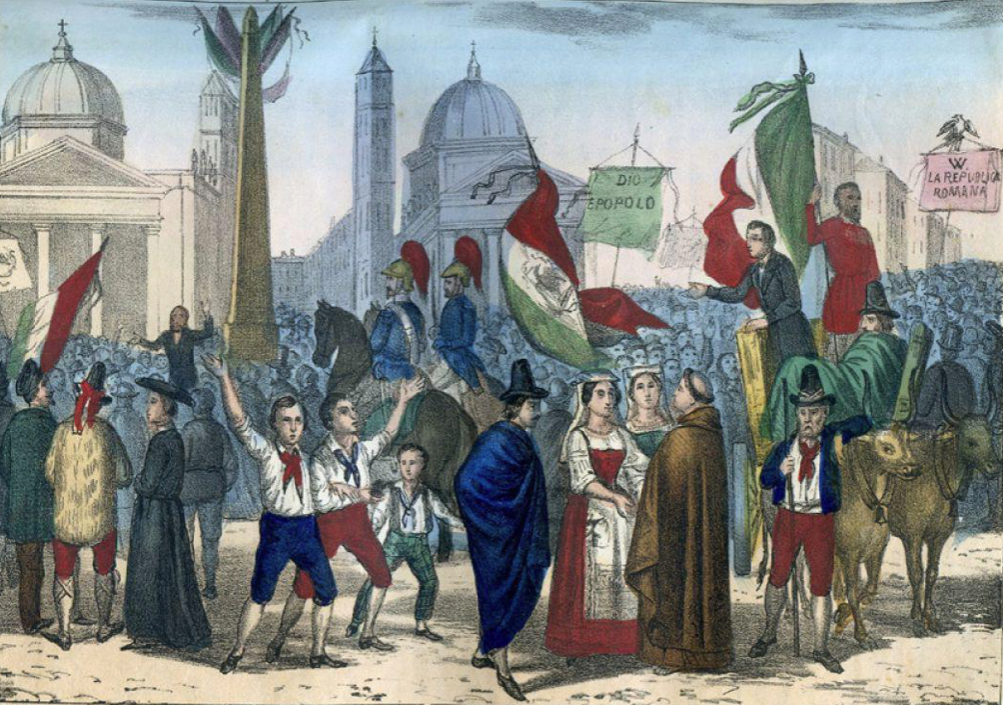 Proklamation der Römischen Republik am 9. Februar 1849. Litografie von Dante Grabriel Rossetti, 1861, Staatsbibliothek für Moderne und Zeitgenössische Geschichte Rom.