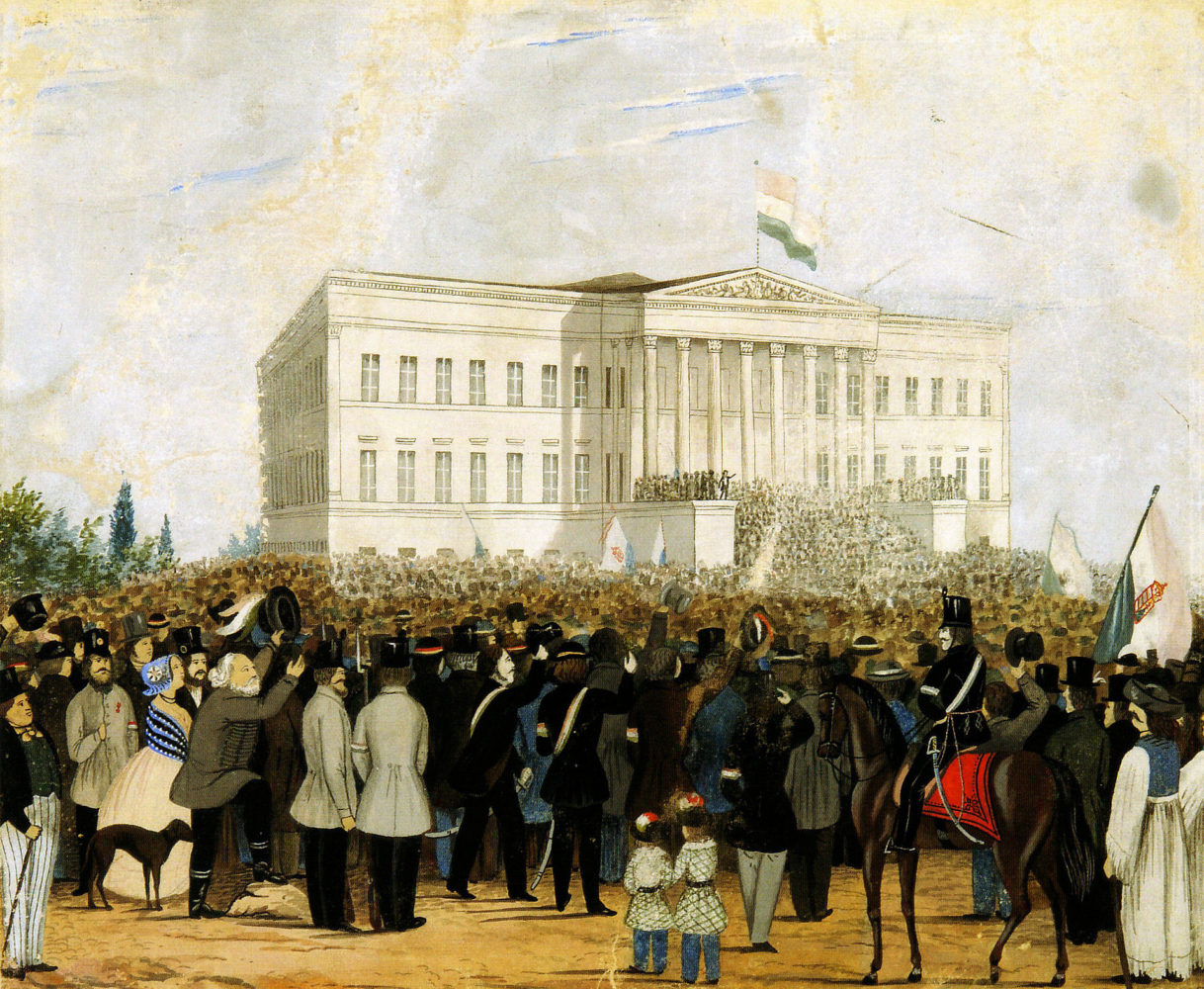 Demonstration vor dem Ungarischen Nationalmuseum am 15. März 1848. Sándor Petőfis trägt vor Ort Nemzeti Dal (Nationales Lied) vor.