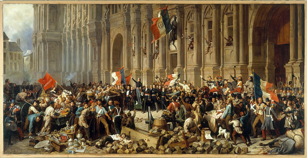 Alphonse de Lamartine (Bildmitte, mit erhobenem Arm) verwehrt am 25. Februar 1848 Sozialrevolutionären mit der roten Fahne das Eindringen ins Hôtel de Ville. Ölgemälde von Henri Felix Emmanuel Philippoteaux.