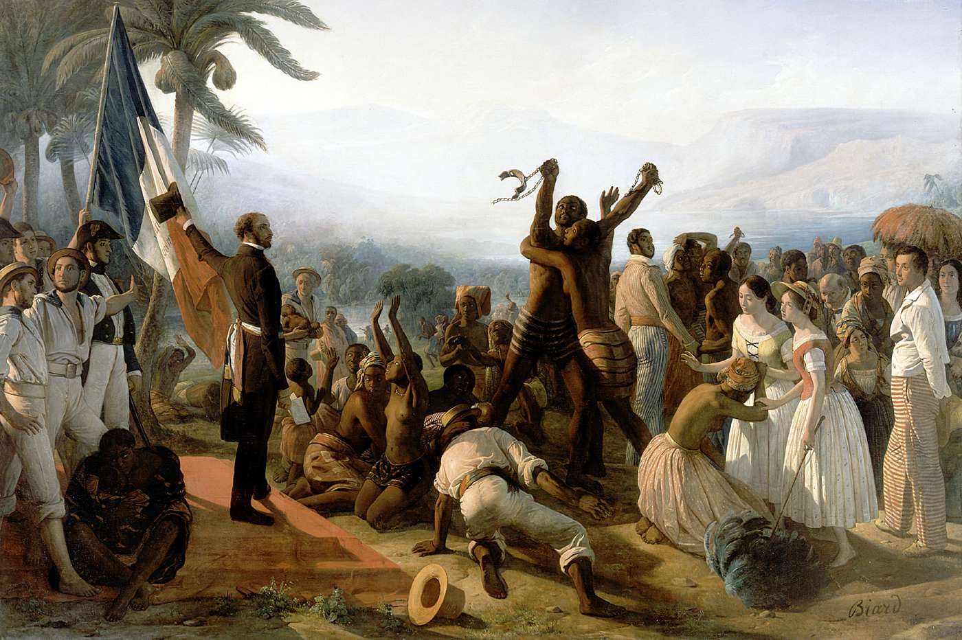 L’Abolition de l’esclavage dans les colonies françaises en 1848. Gemälde von François-Auguste Biard, 1848, Öl auf Leinwand, Château de Versailles.