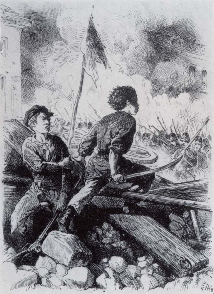 Der sechzehnjährige Ernst Zinna verteidigt am 18. März 1848 bei den Berliner Straßenkämpfen eine Barrikade zwischen der Jäger- und Friedrichstraße. Federlithographie von Theodor Hosemann.